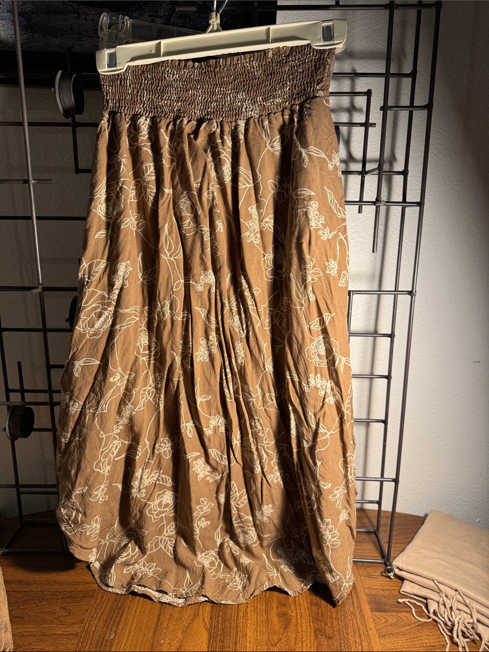 Brown Floral Smocked-Waist Maxi Skirt